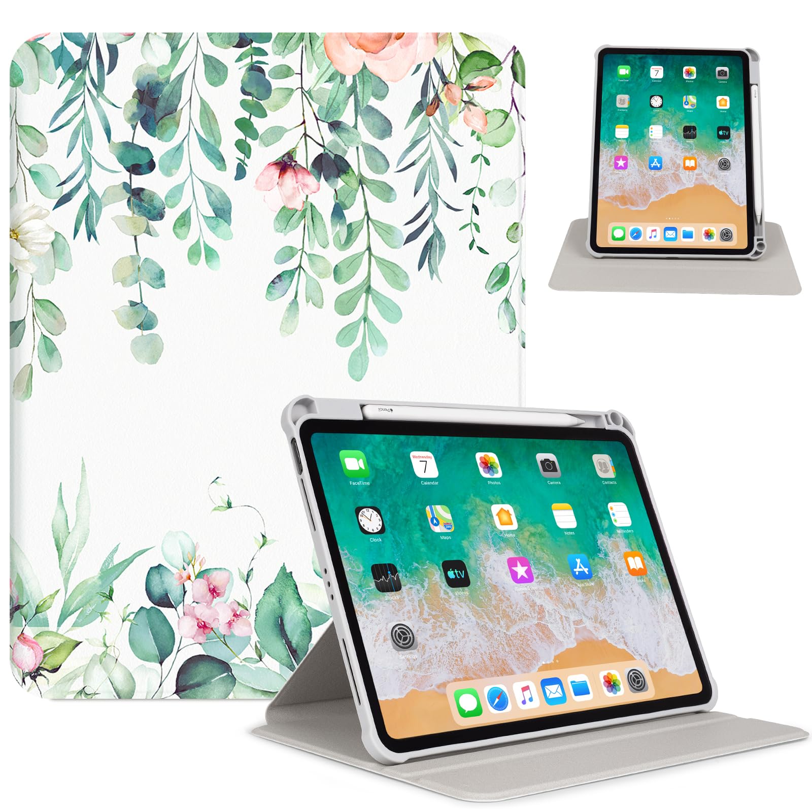 Rotating iPad 10.9/11 inch Case for iPad Air 5th/4th Generation 2022/2020,360 Degree Rotating Multi-Angle View Stand Cover with Pencil Holder for iPad Pro 11"/iPad Air 4 & 5, Watercolor Eucalyptus