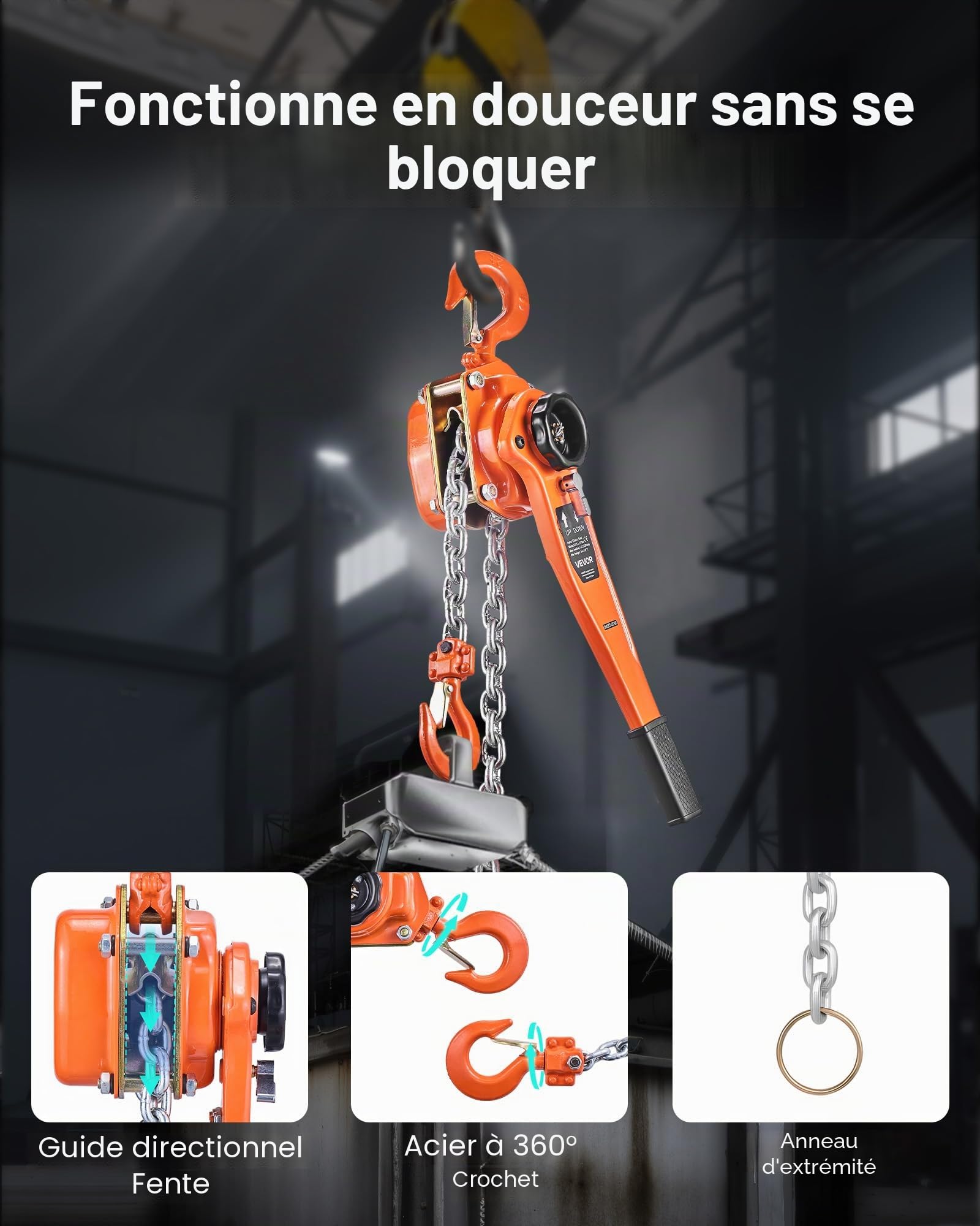 VEVOR Palan à Chaîne à Levier Manuel, Charge 1,5 t, avec Chaîne en Acier Allié G80 6 m, Frein Mécanique à Double Cliquet, Crochets Rotatifs 360°, pour Entrepôts, Chantiers de Construction, Garages
