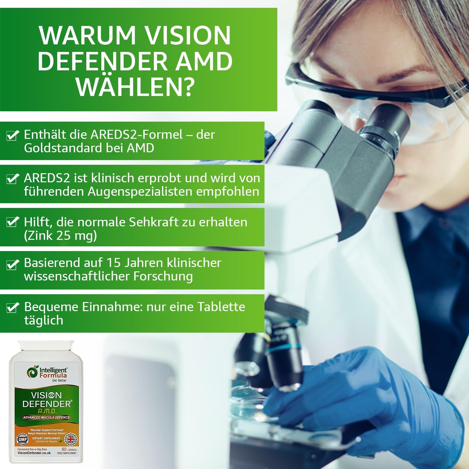Vision Defender AMD AREDS2 Augenvitamine – Exakte AREDS 2-Formel mit Lutein und Zeaxanthin, Vitamin C und E, Zink 25 mg und Kupfer – 90 vegane Tabletten, 1x täglich zur Unterstützung der Sehkraft