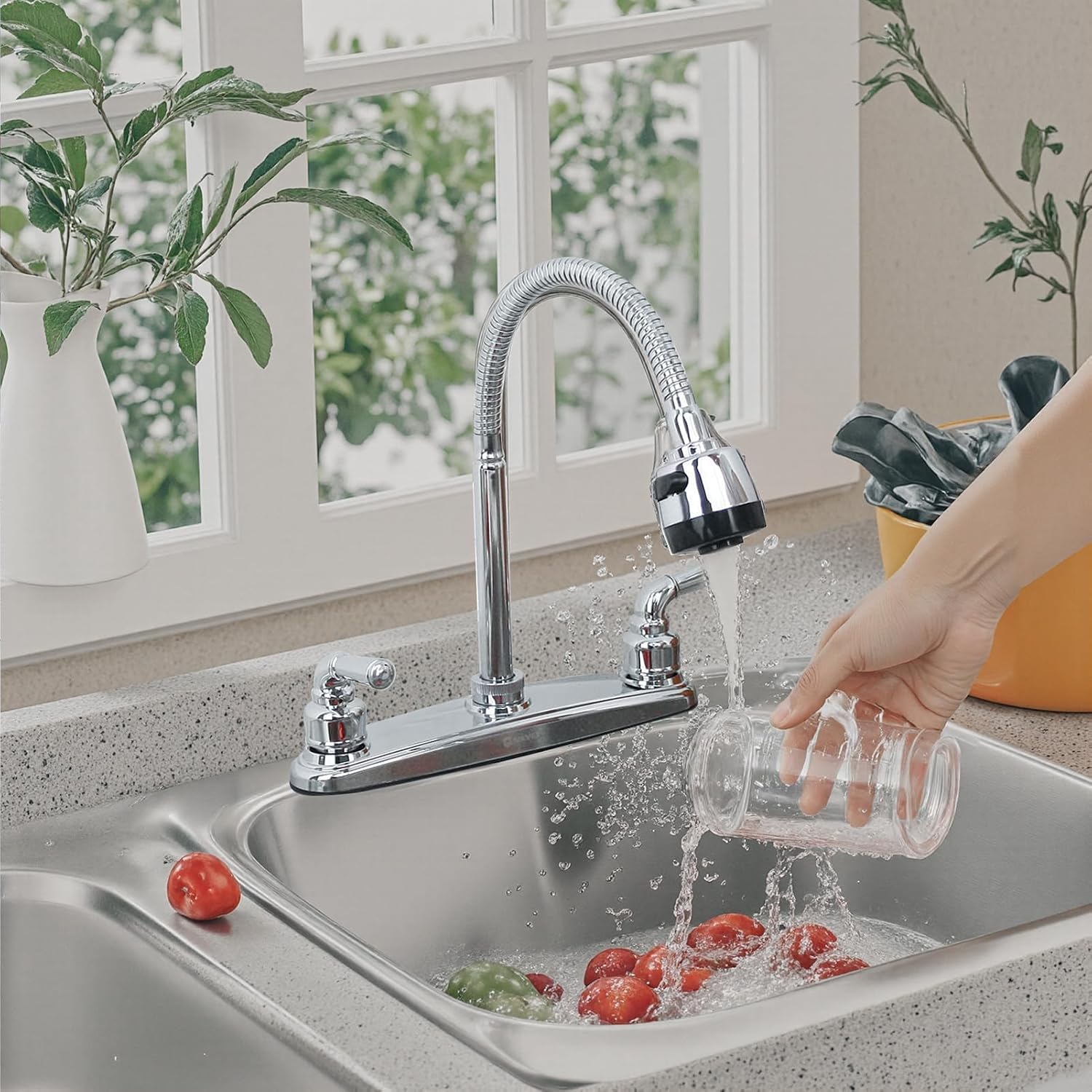 RV Kitchen Faucets,Flexible Spout RV Kitchen Sink Faucet Replacement with Two Handle-8" Main Body,High Arch-360 Swivel Replace for RV Home Campers Motorhomes Travel Trailers,Chrome