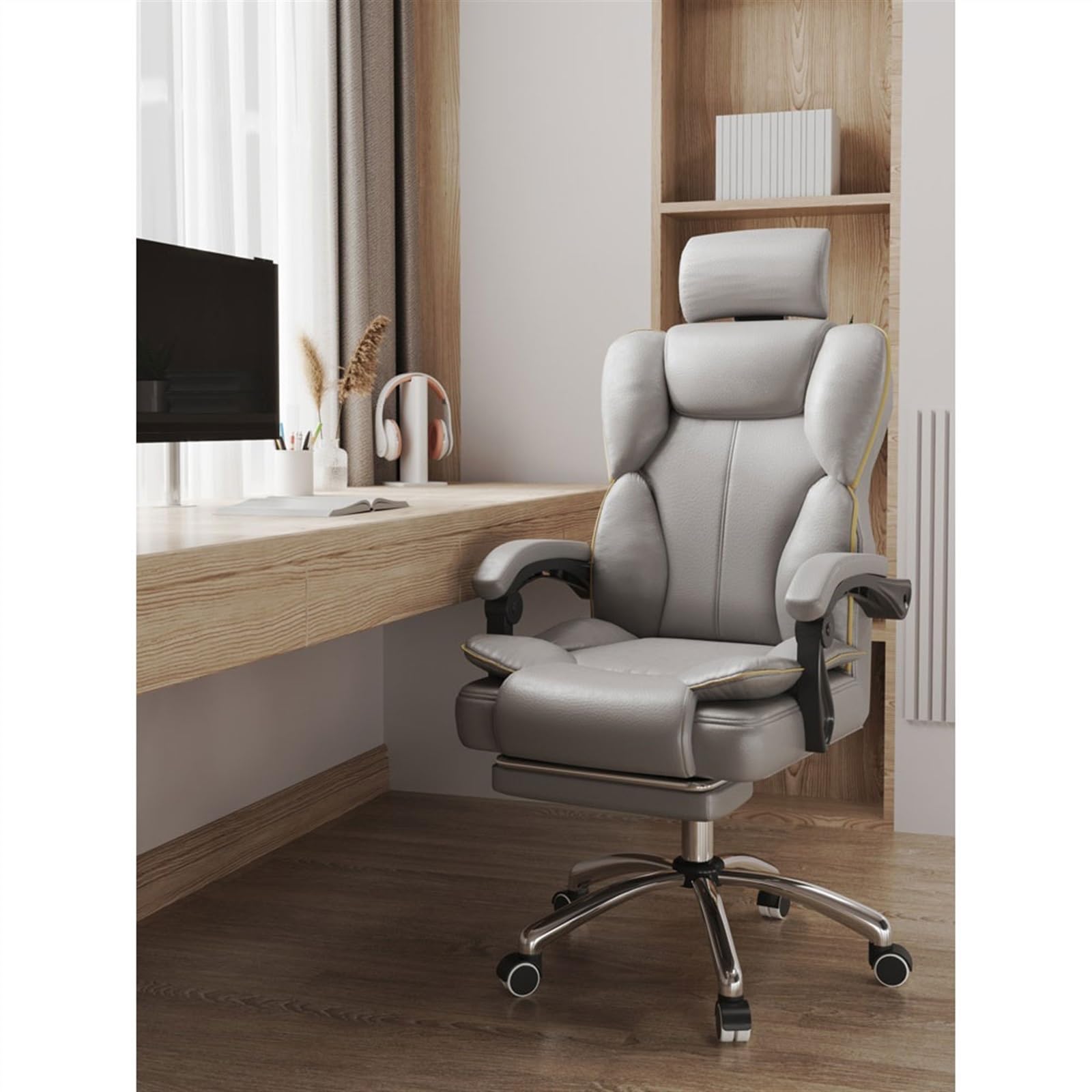 Sedia da Ufficio Ergonomica Poltrona da gioco for il comfort domestico, schienale alto, poltrona sollevabile sedentaria, camera da letto, sedia girevole, divano, sedia da ufficio Sedile Largo(Grijs)