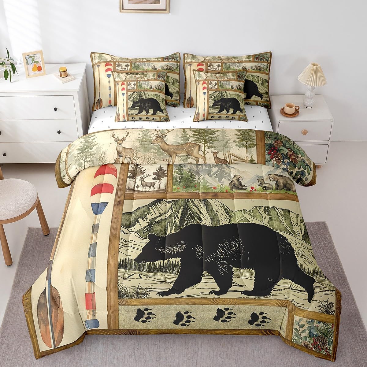 Erosebridal Rustic Farmhouse 7 Pcs Comforter Set Queen,Retro Hunting Bear Bed in a Bag for Kids Boys,Lake House Decor Bedding for The Home,Cabin Lodge Paddle Decor Top Sheet,Moose Wildlife Quilt Set