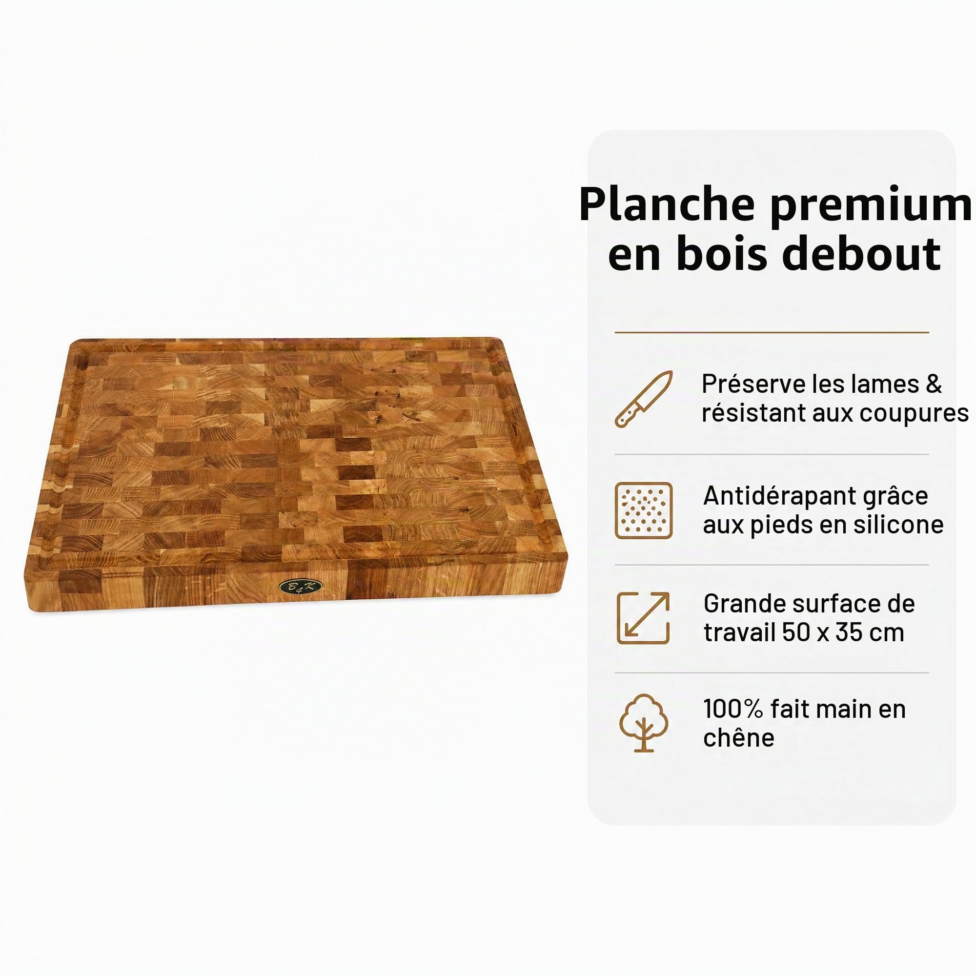 B4K® Planche à découper en chêne antibactérien - 50 × 35 × 4 cm - Bloc de hachage massif avec poignées, rainure à jus et pieds en silicone - Parfait pour la cuisine,