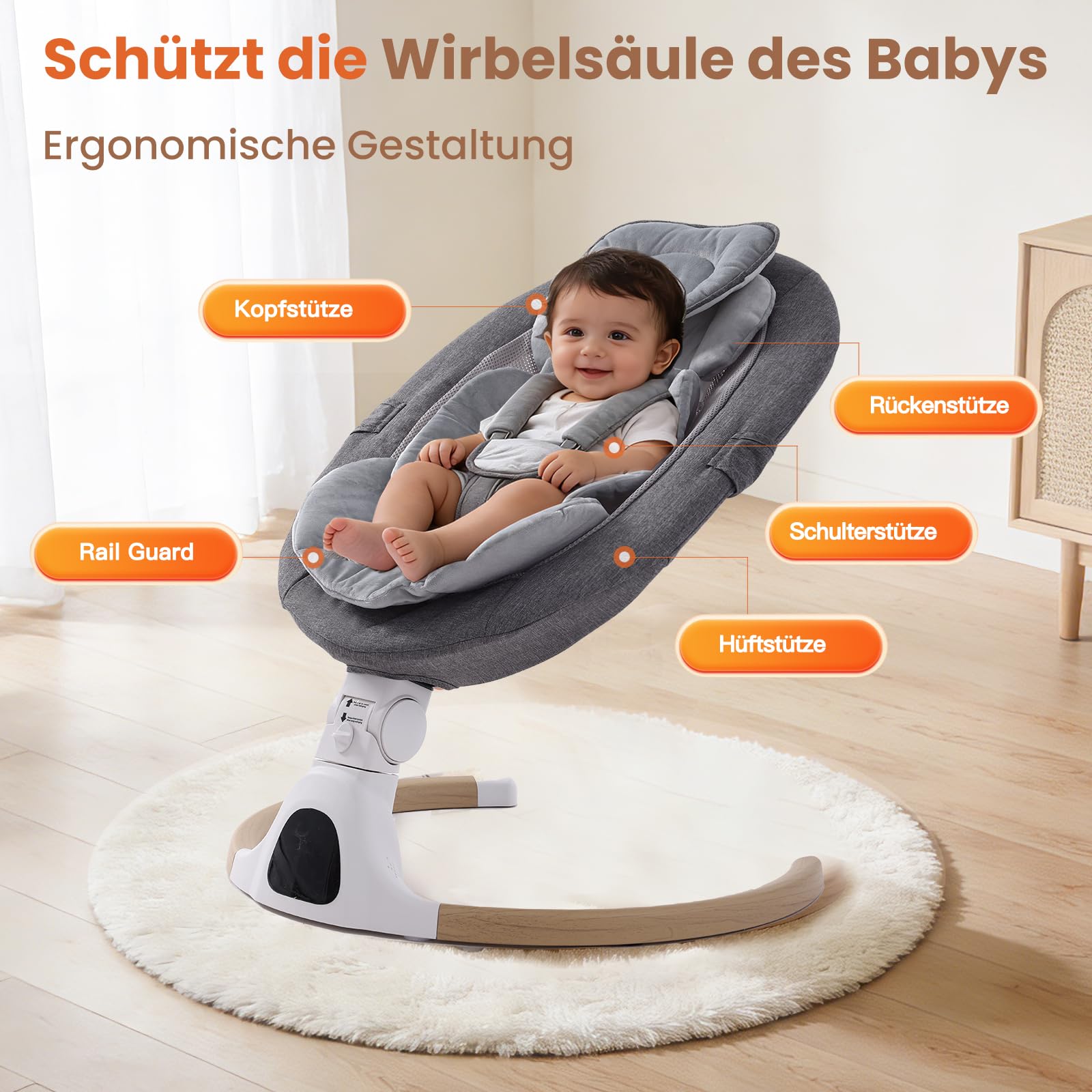 Babywippe Elektrisch, 0–6 Monate, max. 9 kg, Tragbares Neugeborenes Babyschaukel Indoor mit Bluetooth, 5 Schwenkgeschwindigkeiten, 3 Winkellage, Fernbedienung & Touch Panel Grau