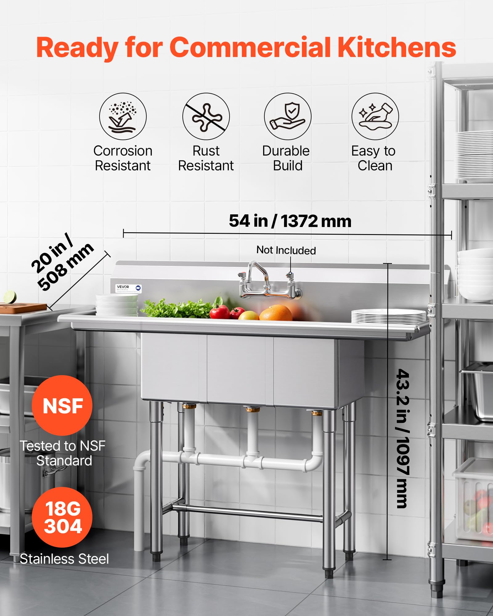 VEVOR Spülbecken mit 3 Becken & 2 Abtropfflächen & Spritzschutz, Küchenspüle (1372 x 508 x 1097 mm), Küchenspüle für Restaurants Imbisswagen Privaten Gebrauch, Edelstahlspüle Silber