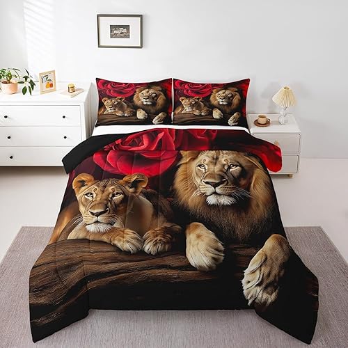 Miniatura 3 de Erosebridal Juego de edredón de decoración de habitación de rosas y flores, juego de ropa de cama con estampado de león animal para niños,