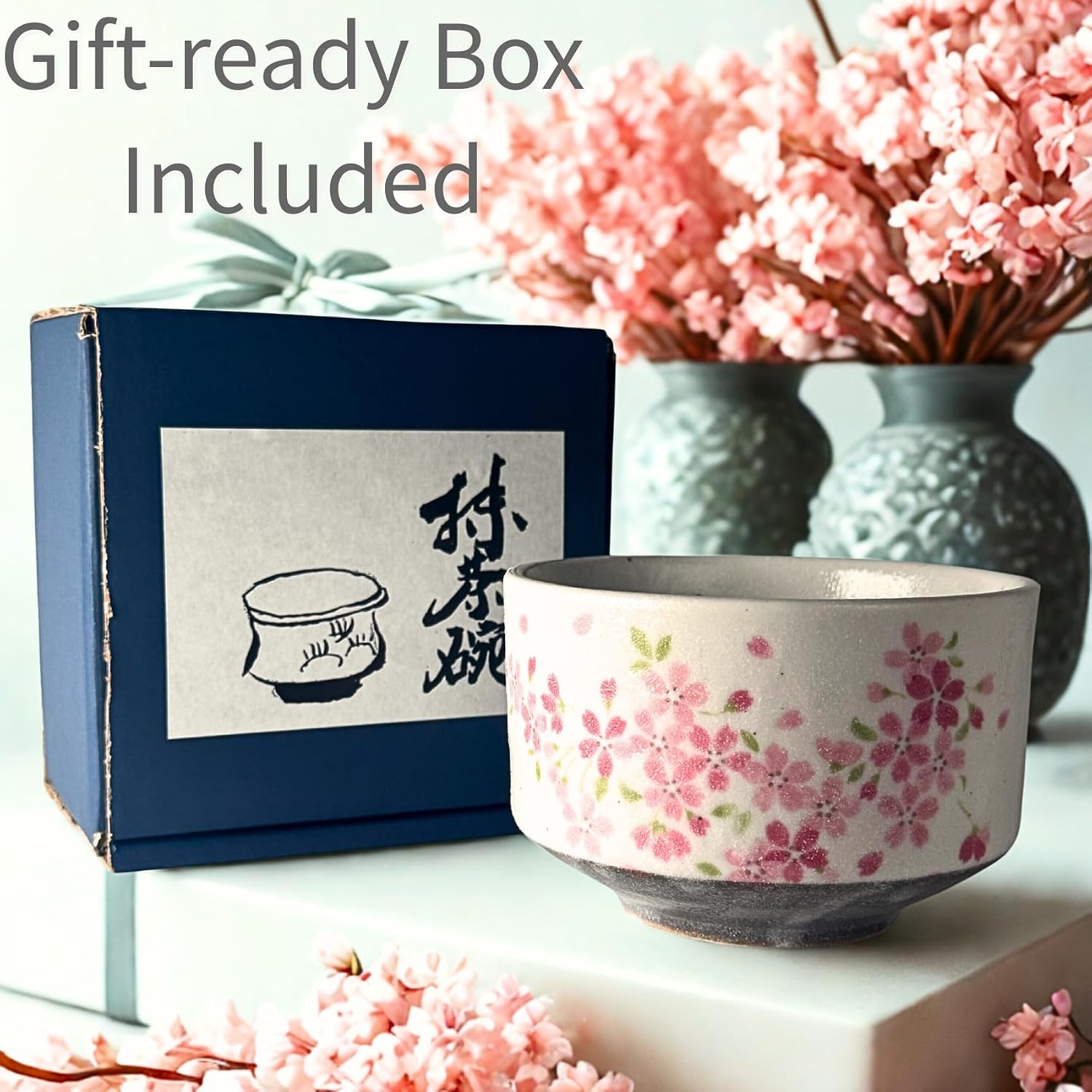 Sakura Shizuku Matcha Bowl (Chawan) – 13.5 fl oz – Porcelain | Japanese Tea Bowl Mino ware Made in Japan