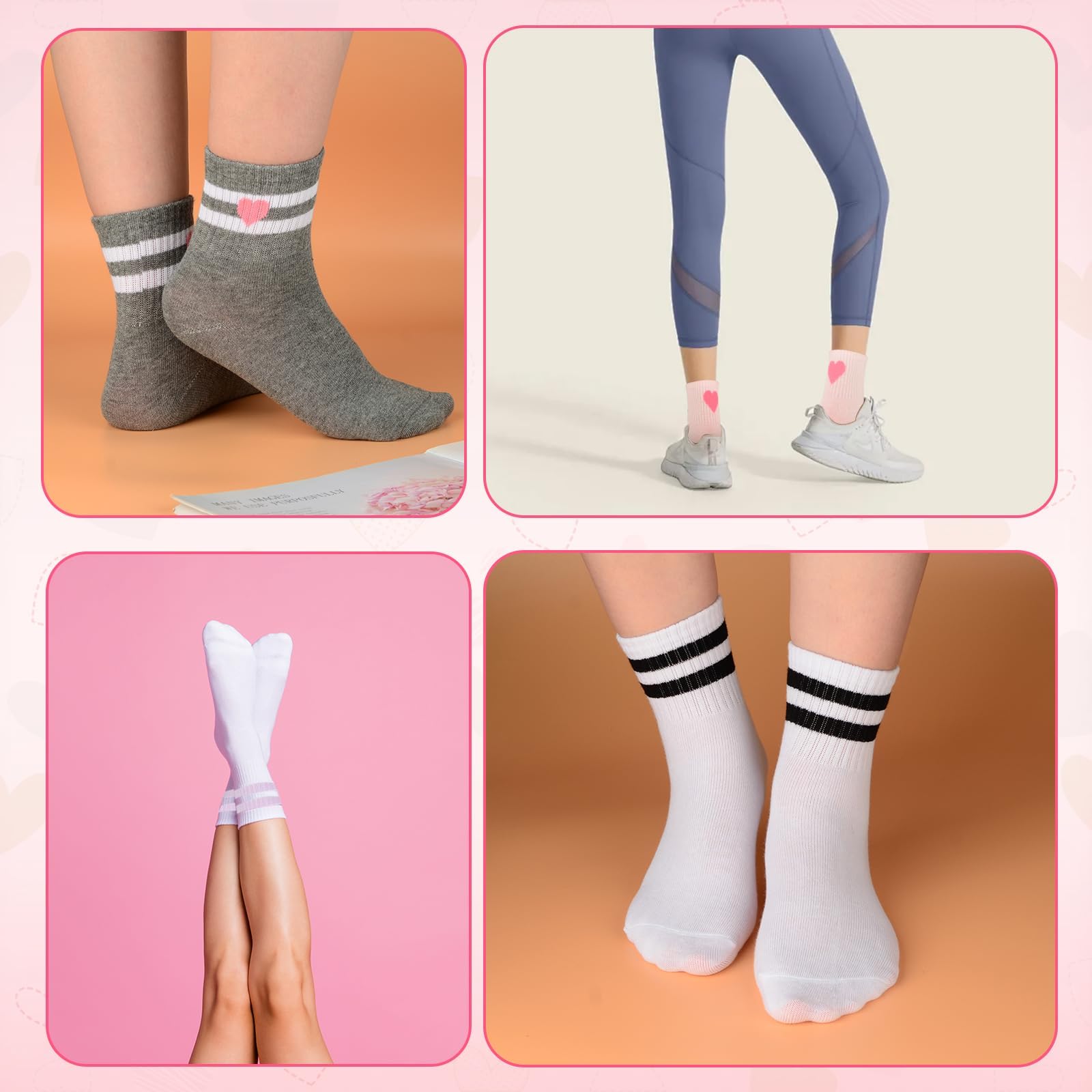 Lot de 6 paires de chaussettes de sport en coton pour enfants avec rayures mignonnes cœurs, chaussettes extensibles pour filles et garçons de 3 à 12 ans