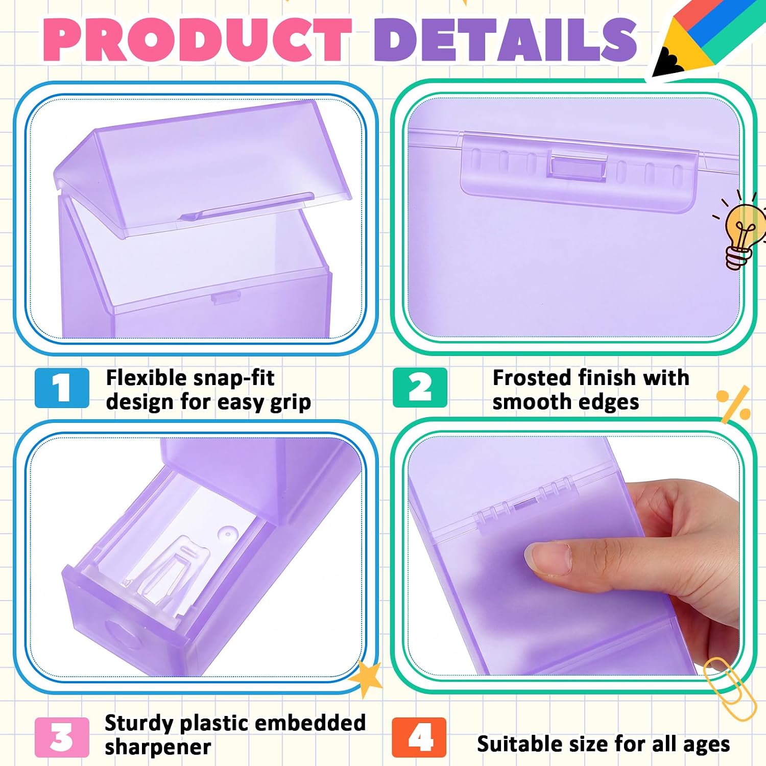 Clabby 1 Pcs 2 in 1 Plastic Crayon Box with Sharpener Holds 24, Purple image 3