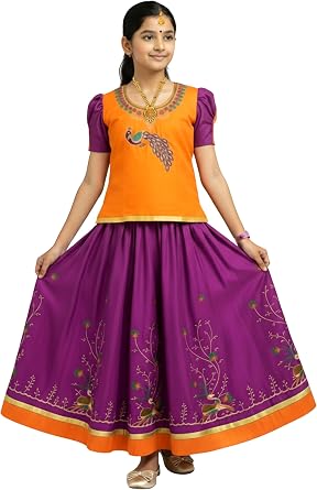 kaatru Thana Girls Pavadai Set D100 - Lehenga Choli - Orange & Violet