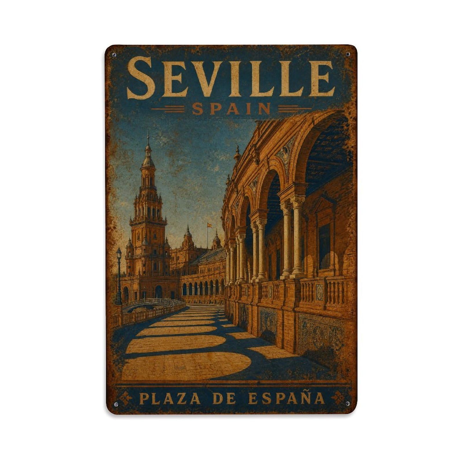 Vintage Plaza Espana Arches Colonnade Shadows Spain Metal Tin Sign