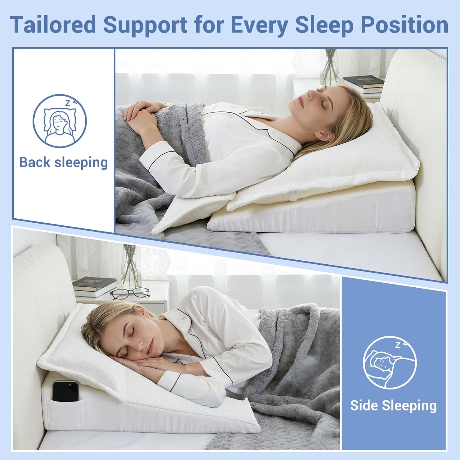 3PCS Wedge Reading Pillow for Sitting in Bed Adult, 2-in-1 Adjustable Bed Wedge Pillow for Sleeping, Ergonomic Back Support Pillow for Watching TV, Gaming, and Reading with Washable Cover - Image 8