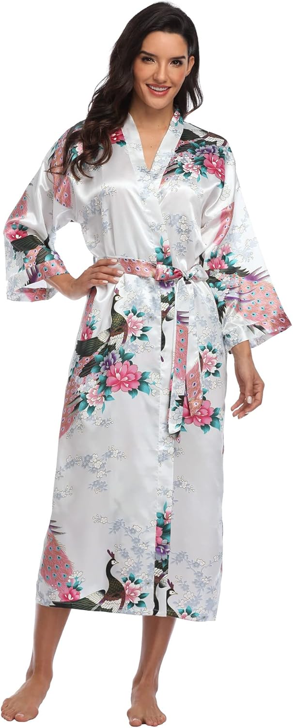 Super Shopping-zone Women's Floral Long Silk Kimono Robes Satin Dressing Gown Peacock Blossoms - Image 3