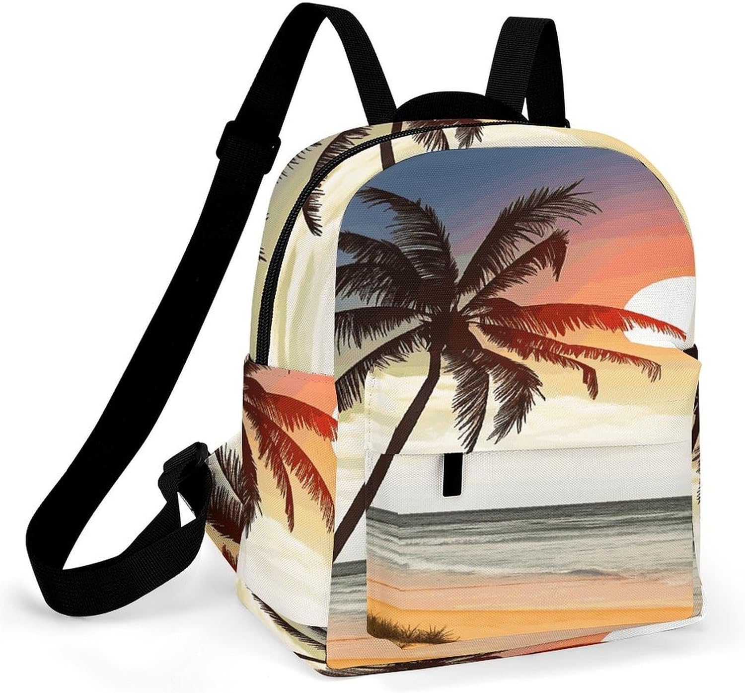 Palm Tree on Beach Mini Backpack Purse for Women | Waterproof durable oxford cloth casual daypack, lightweight small rucksack for work travel outdoor camping daily use & gift