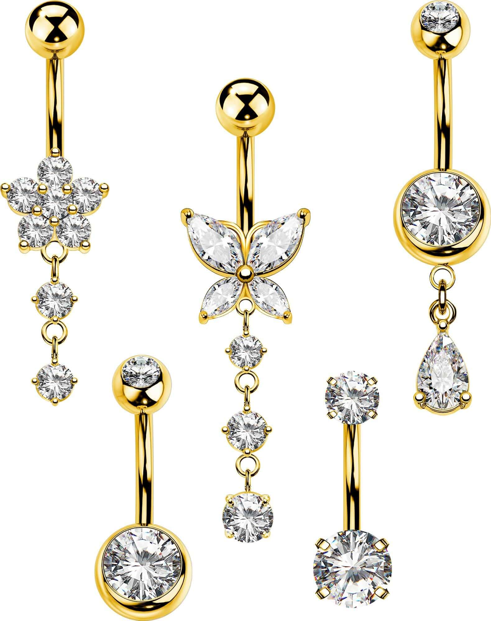 5PCS Belly Button Rings for Women 14G Dangle Navel Piercing Jewelry Set Surgical Stainless Steel Body Jewelry with CZ Butterfly Flower Teardrop Barbell for Beach Festival Daily