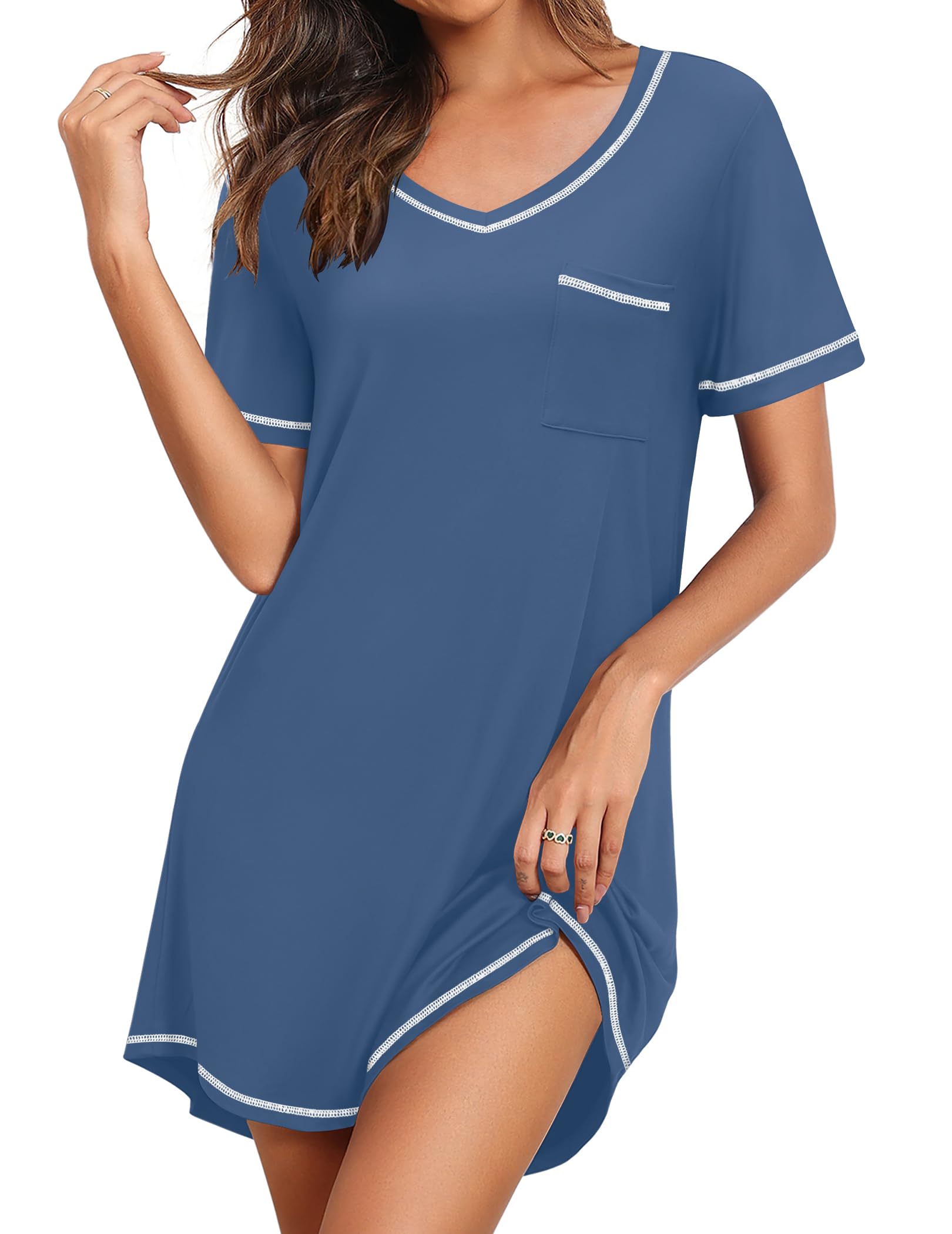 Ekouaer Nightgowns for Women Short Sleeve Sleep Shirts V Neck Nightshirts Soft Sleepshirt Caual T Shirt Sleepdress