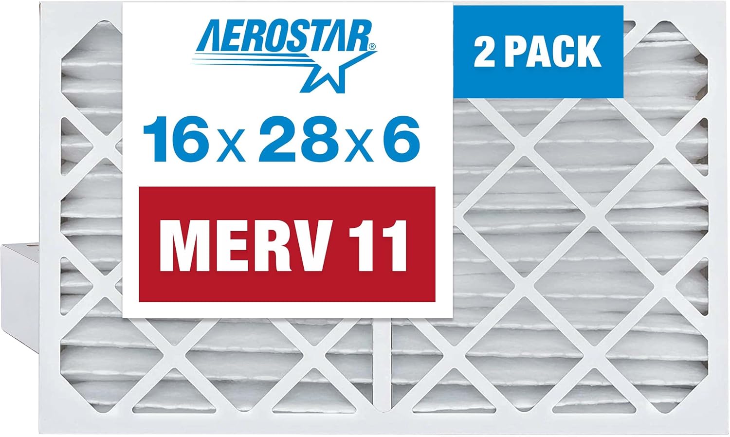 Aerostar 16x28x6 MERV 11-2 Count - Pleated HVAC, Furnace & Air Conditioner Filters - Removes Dust, Cold & Flu Germs, Lint, Mold, Pet Dander, Allergy-Causing Pollen, Smog & Smoke
