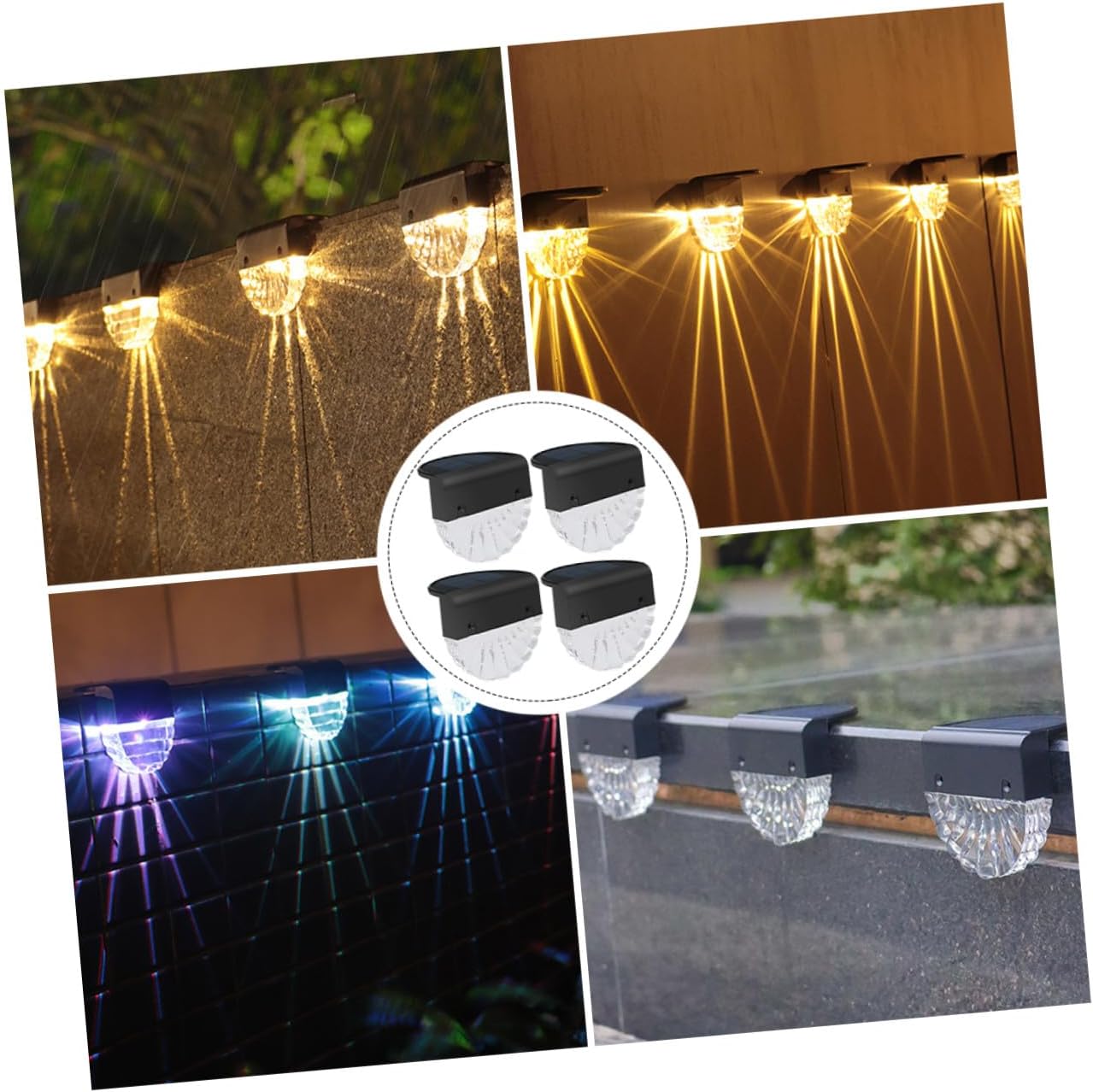SHOWERORO 4 Pcs Solar Fence Lights Outdoor Step Lamps with Warm and Colorful Switching Energy-Saving Solar-Powered Garden Stair Lights for Patio and Walkway