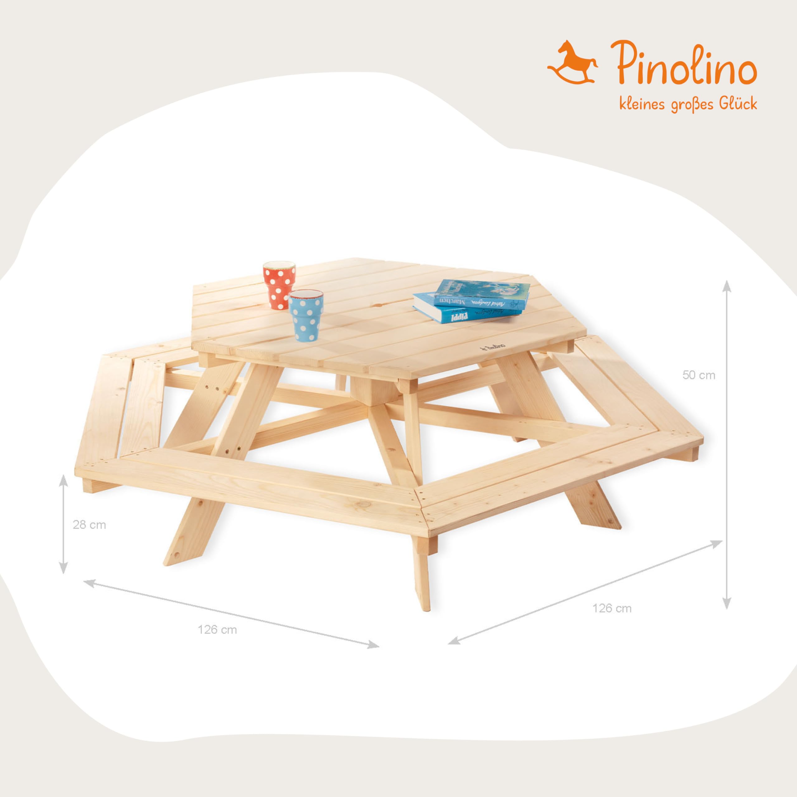 Pinolino Nicki Seggiolino Esagonale Legno massello 6 panche 1 Tavolo Bambini 2 Anni Naturale
