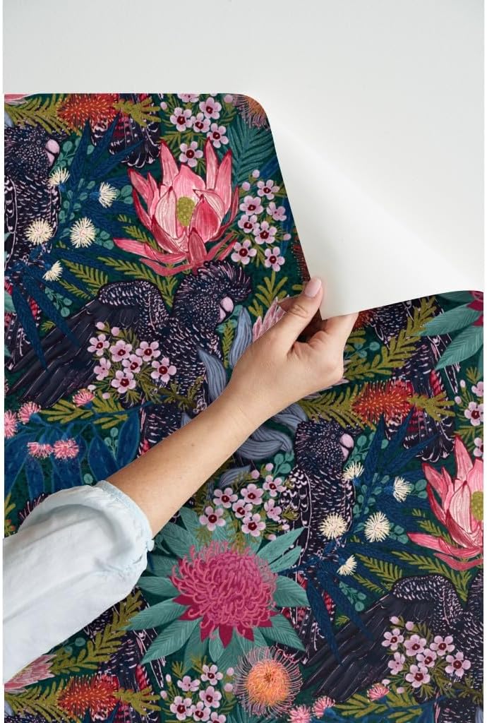 Peel & Stick Wallpaper 3ft x 2ft - Maximalist Cockatoos Chintz Floral Australian Animalier Protea Custom Removable Wallpaper by Spoonflower