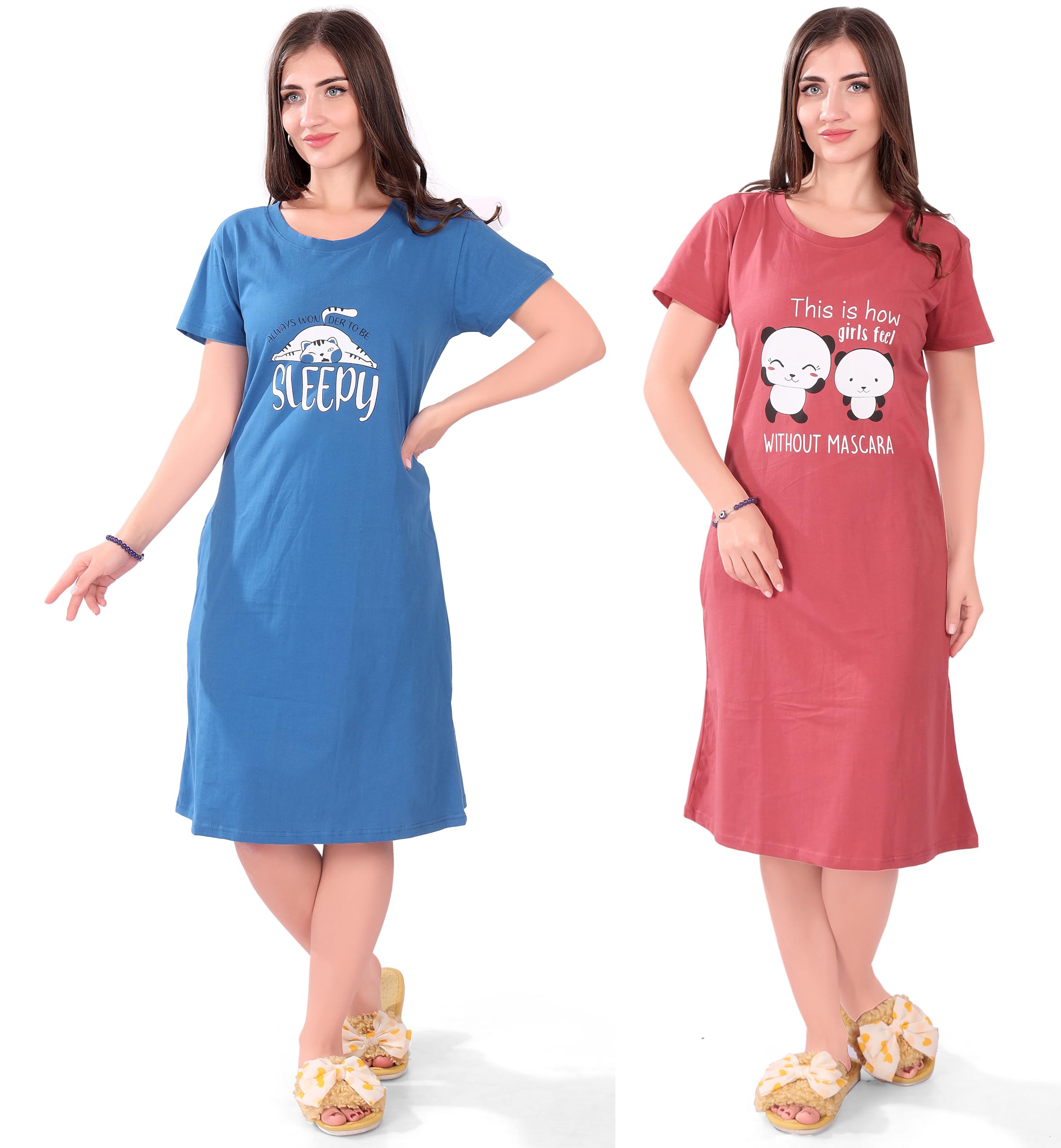 Printed Knee Length Pocket Night Dresses for Women | Cat Lover | Premium Soft Cotton Nighty | Blue and Maroon