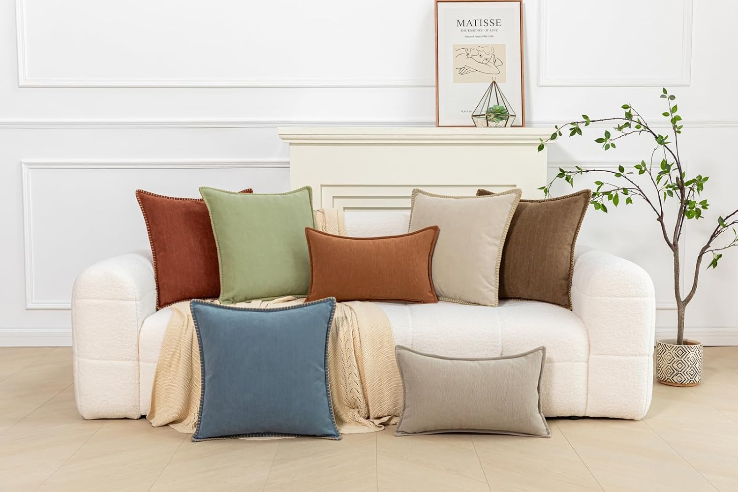 Dusty Blue Textured Throw Pillow Cover 22x22 Set of 2 Decorative Chenille Pillow Cover with Stitched Edges, Neutral Farmhouse Pillow Case for Couch Sofa Living Room Bedroom Accent Decor