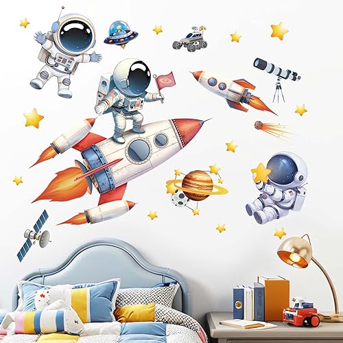 Miniatura 3 de Calcomanías de pared de astronauta, planetas del espacio exterior, cohete para niños, decoración de pared para habitación de niños, guardería, sala