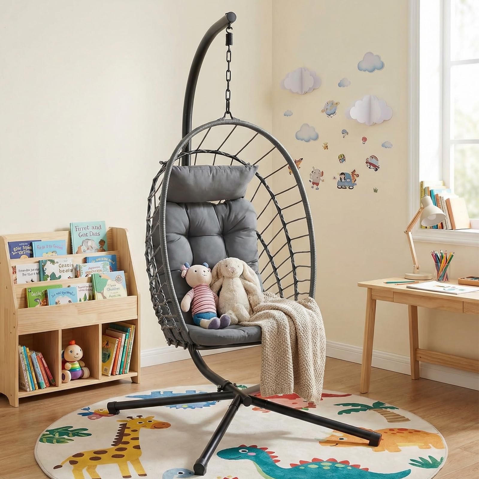 LIFERUN Hängesessel mit Gestell, Faltbarer Eiersessel mit Kissen, In- & Outdoor Freizeitsessel, Schaukel für Erwachsene & Kinder, für Garten, Terrasse, Balkon, Wohnzimmer, Belastbar bis 160 kg (Grau)