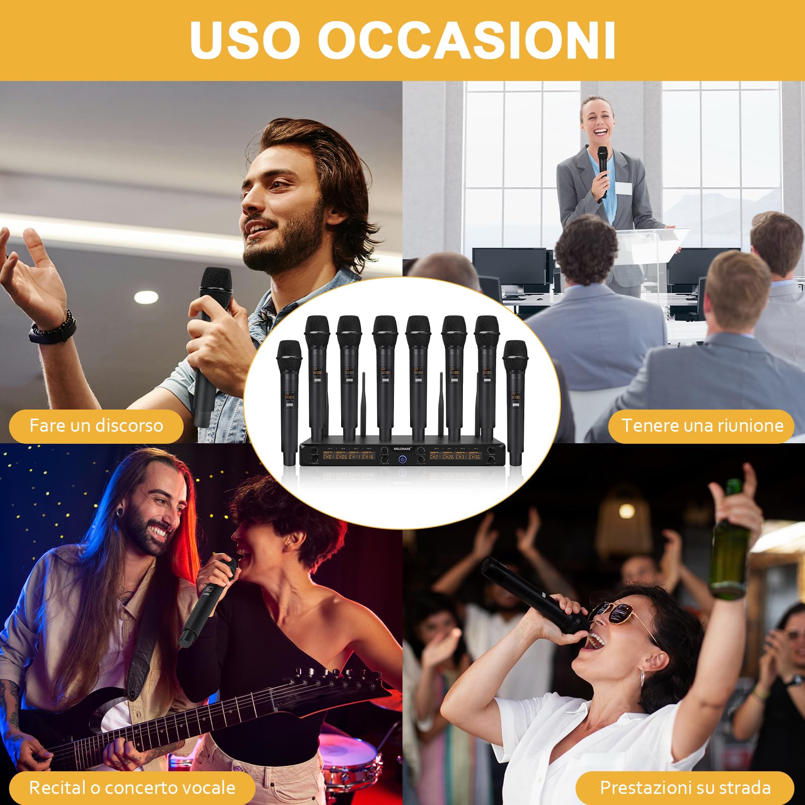 MELONARE Sistema di microfoni wireless UHF 500MHz a 8 canali MWM-81F | 8 x 5 frequenze, portata 73,2 m, microfoni dinamici a mano, canto, karaoke, chiesa, riunioni, matrimoni