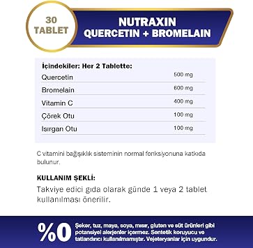 Nutraxin Quercetin + Bromelain 30 Tablets Immunosupportive Supplement Containing – Vitamin C, Black Cumin and Nettle