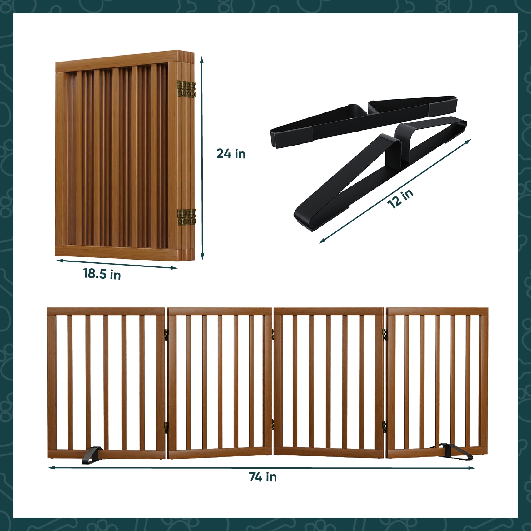 Semiocthome Freestanding Dog Gates and Barriers Indoor Pet Gates for Doorways and Stairs 60cm (H) - 4 Panels Puppy Gate with 2 Metals Stands Adjustable Safety Fence Fit Up to 188cm - Walnut — view 5