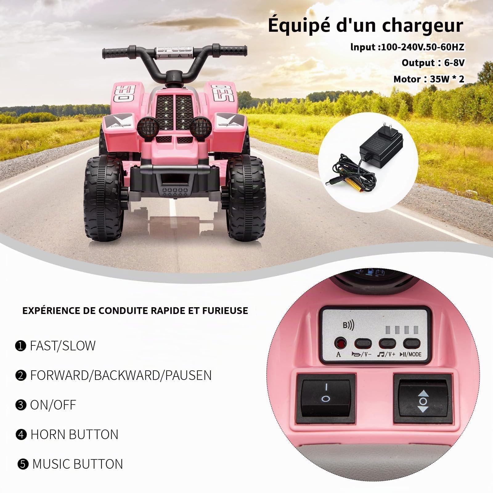 Quad Électrique pour Enfants 6V, ATV Électrique avec Klaxon, LED et Musique, Voiture Électrique à Monter avec Vitesse 3,5 km/h, Charge 25 kg, pour Enfants 3+ Ans, Rose