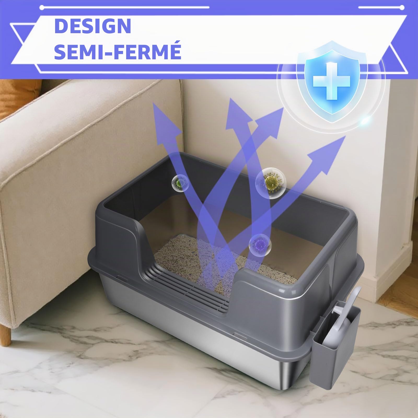 Bac à Litière en Acier Inoxydable, Masthome Grande Capacité, Anti-Renversement et Étanche, Litière Semi-fermée pour Chat avec Pelle et Tapis Inclus Design Moderne et Facile à Nettoyer