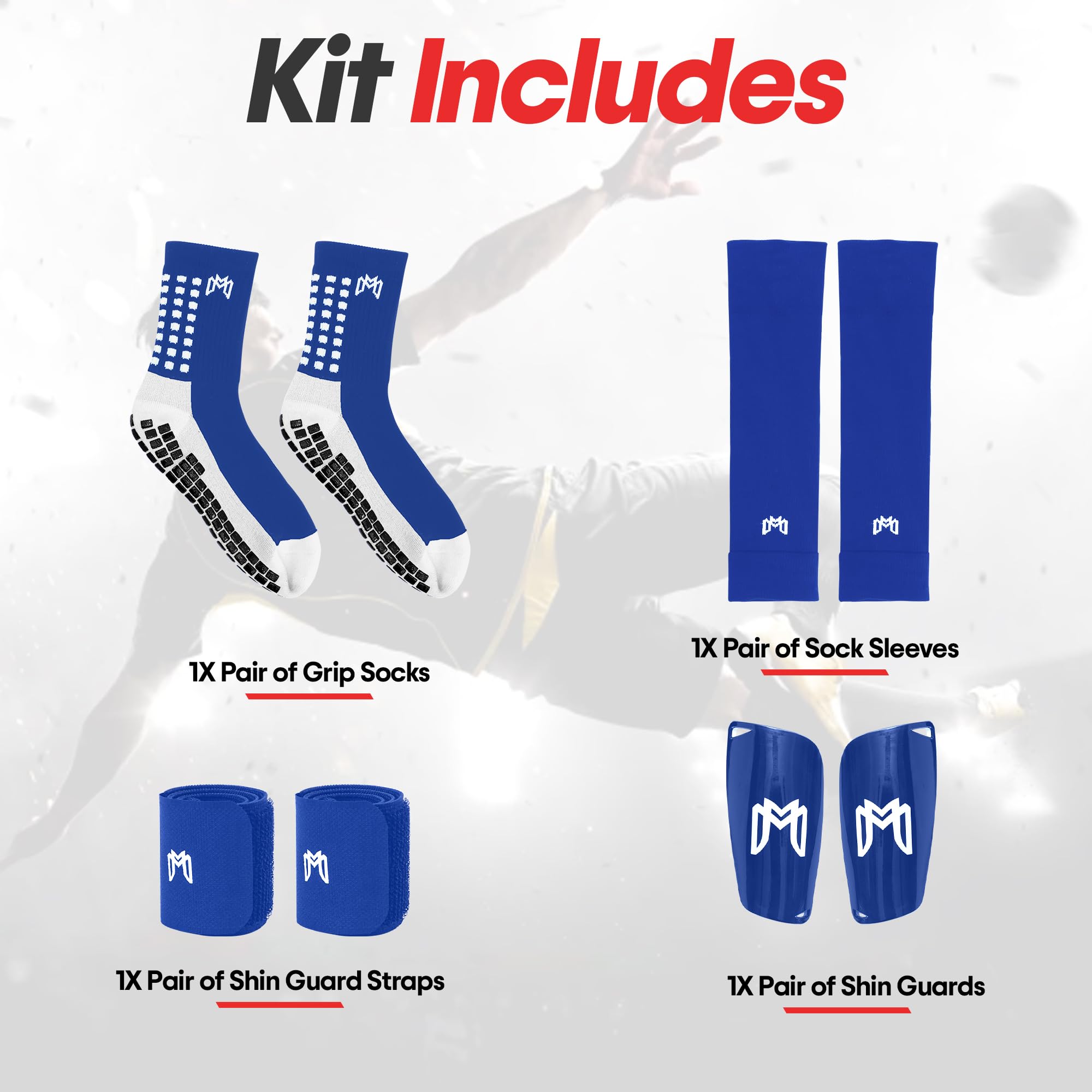 MediCaptain Paquete de calcetines de agarre de fútbol, espinilleras, mangas precortadas y correas de protección, equipo esencial para jugadores de fútbol, para hombres, mujeres, jóvenes, talla 7 a 12