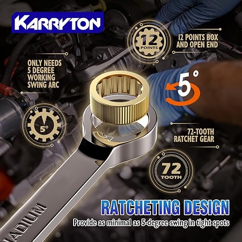 Miniatura 4 de Juego de llaves de trinquete de 24 piezas (métricas y SAE), juego de llaves combinadas de trinquete de 72 dientes con dos estantes organizadores,