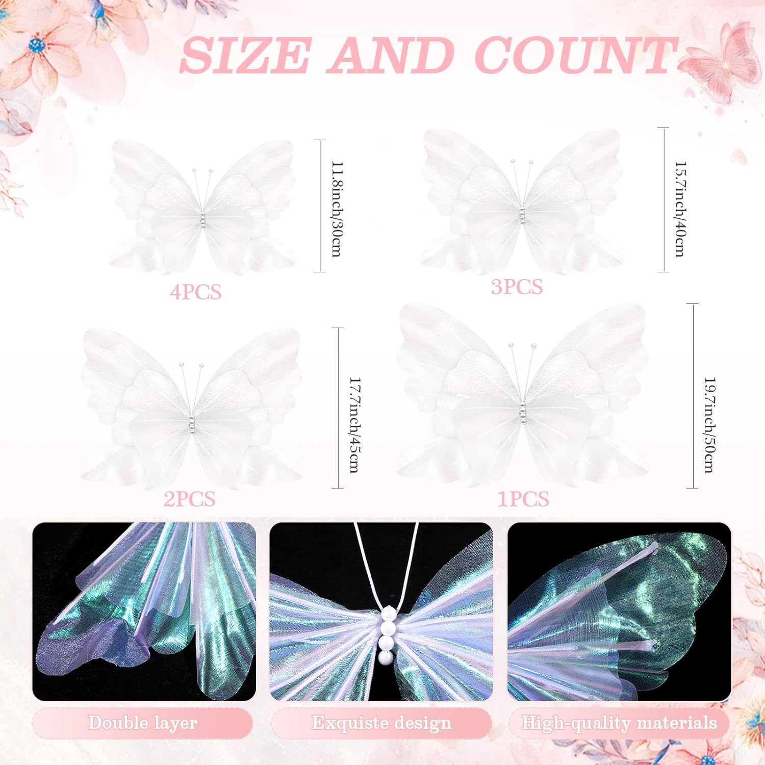 Suncalla 10 Pcs Large Butterfly Party Decoration Mariposas Grandes para Decoracion Big Butterfly 20 Inch 12 Inch 3D Silk Butterflies for Wedding Birthday Party Decor(White,Silk)