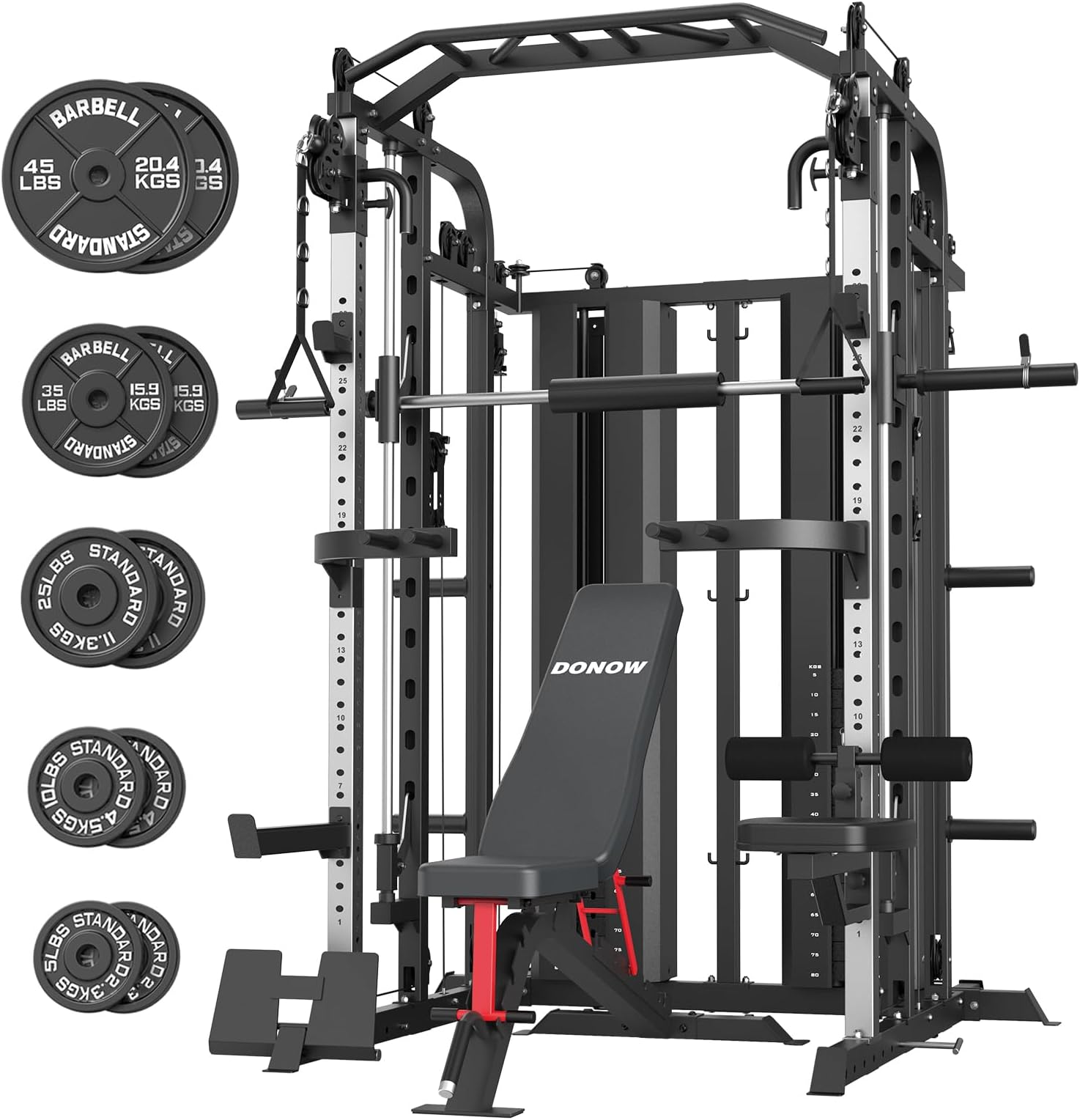 DONOW Smith Machine with Weight Stacks, Multi Function Home Gym System Training Power Cage Squat Rack Dual Cable Crossover Machine All in One