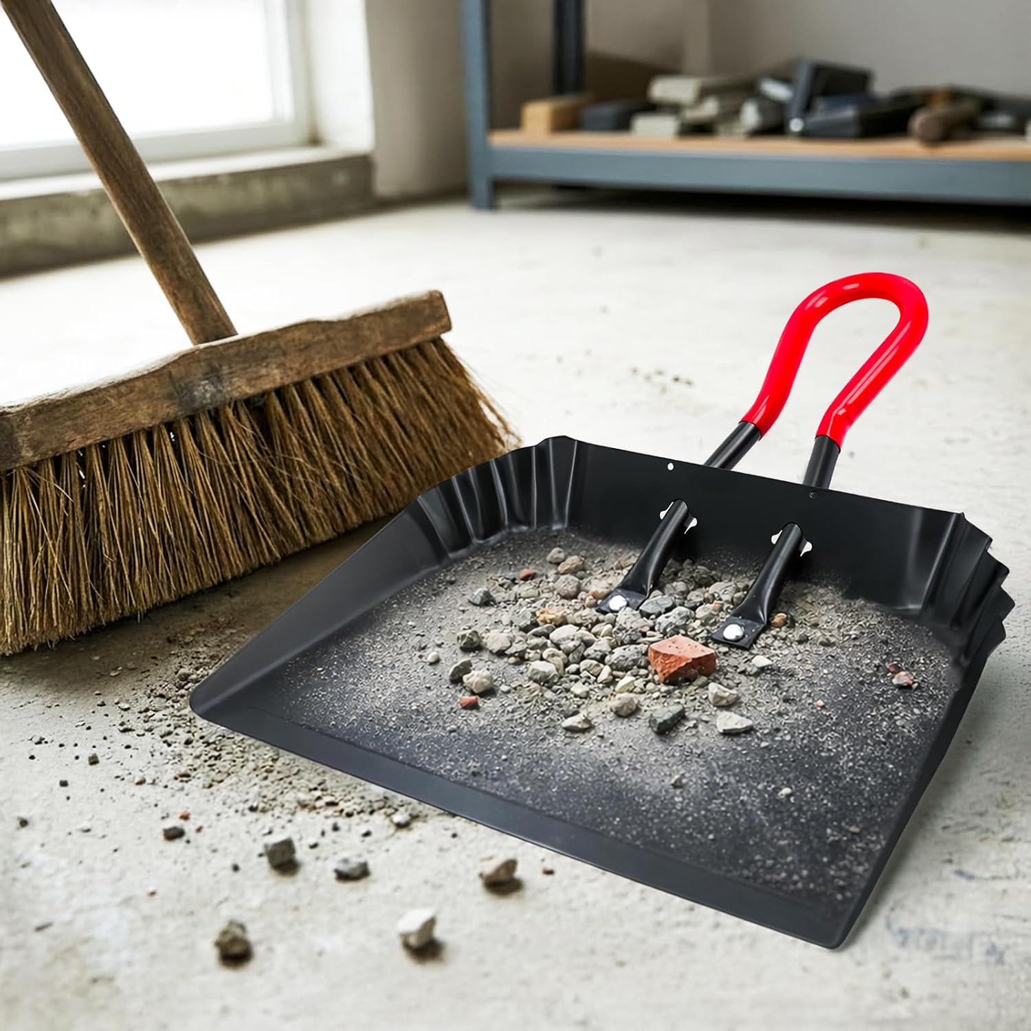 2PK 17” Heavy Duty Dustpan Metal Outdoor Dust Pans with Rubberized Non Slip Handle Extra Large Shovel Scooper for Commercial&Industrial Uses