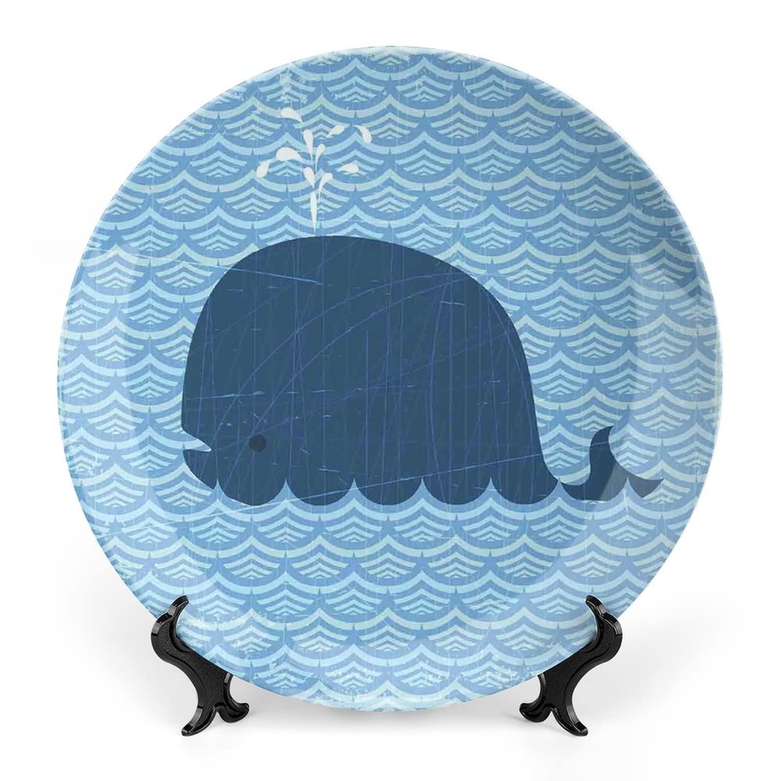 Amazon.com: XISUNYA 7 英吋(約10.8 公分)裝飾板,鯨魚圓形瓷器,頂部有小鯨魚水波浪狀圖案 印花陶瓷壁掛,適用於高級餐廳高檔活動、晚宴、婚禮、餐飲、藍色: