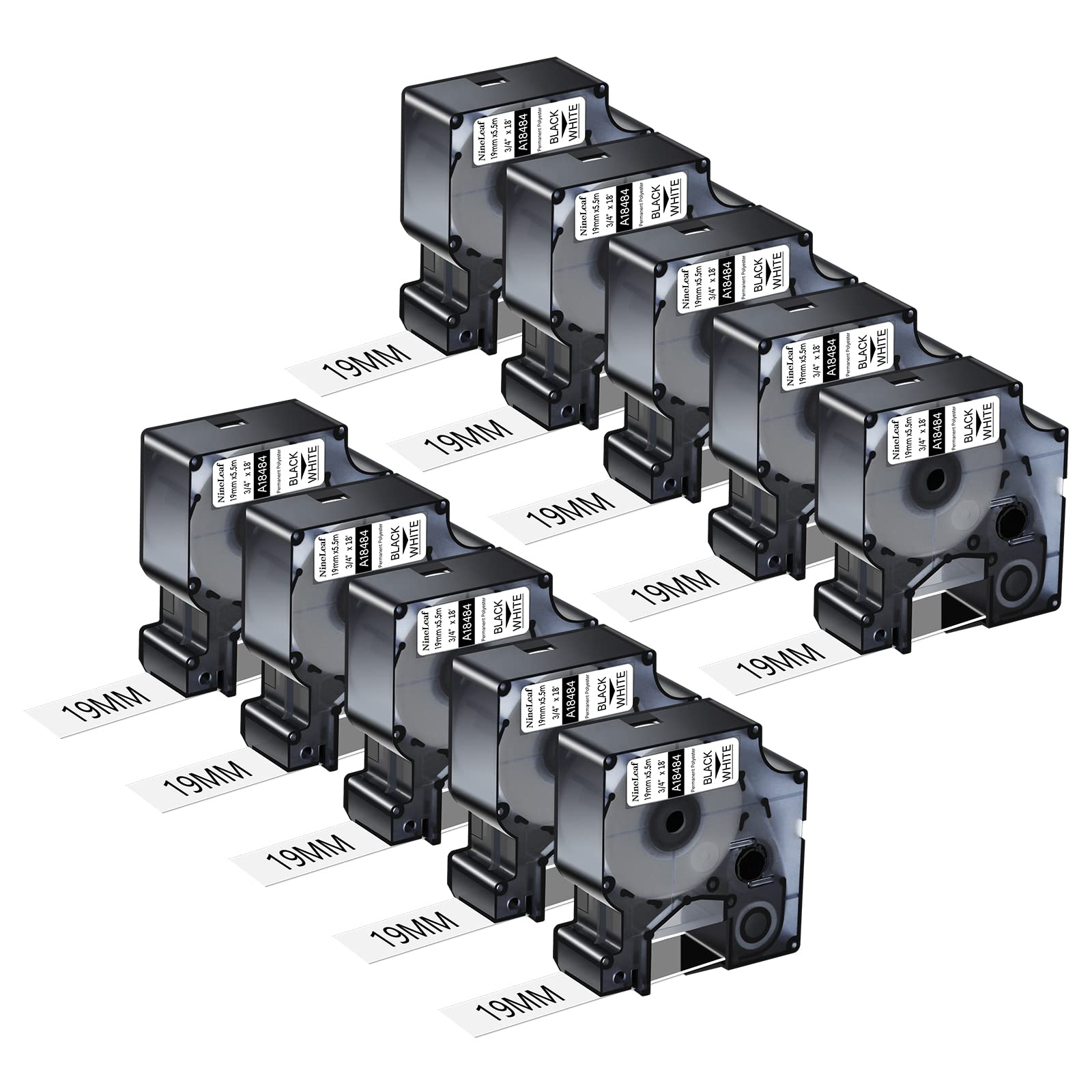 NineLeaf 10 Pack Replacement for Dymo 18484 A18484 19mm x 5.5m 0.7'' 3/4 inch Black on White Polyester Permanent Industrial Label Tape for Rhino 4200 6000 ILP 219 3M PL300 Tyco T107M Label Maker