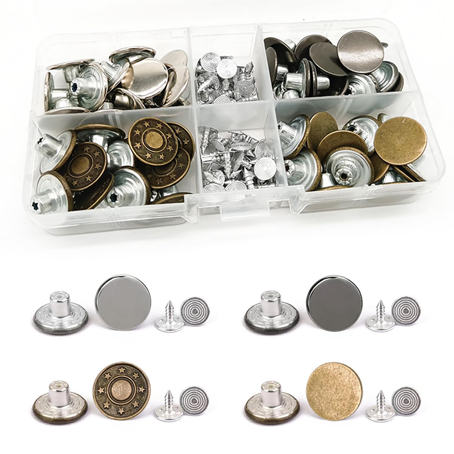 Lot De 6 Sets De Boutons Pression Pour Jeans - Métal Vieux Bronzé Motif Fleur - Ø20 Mm - Neuf