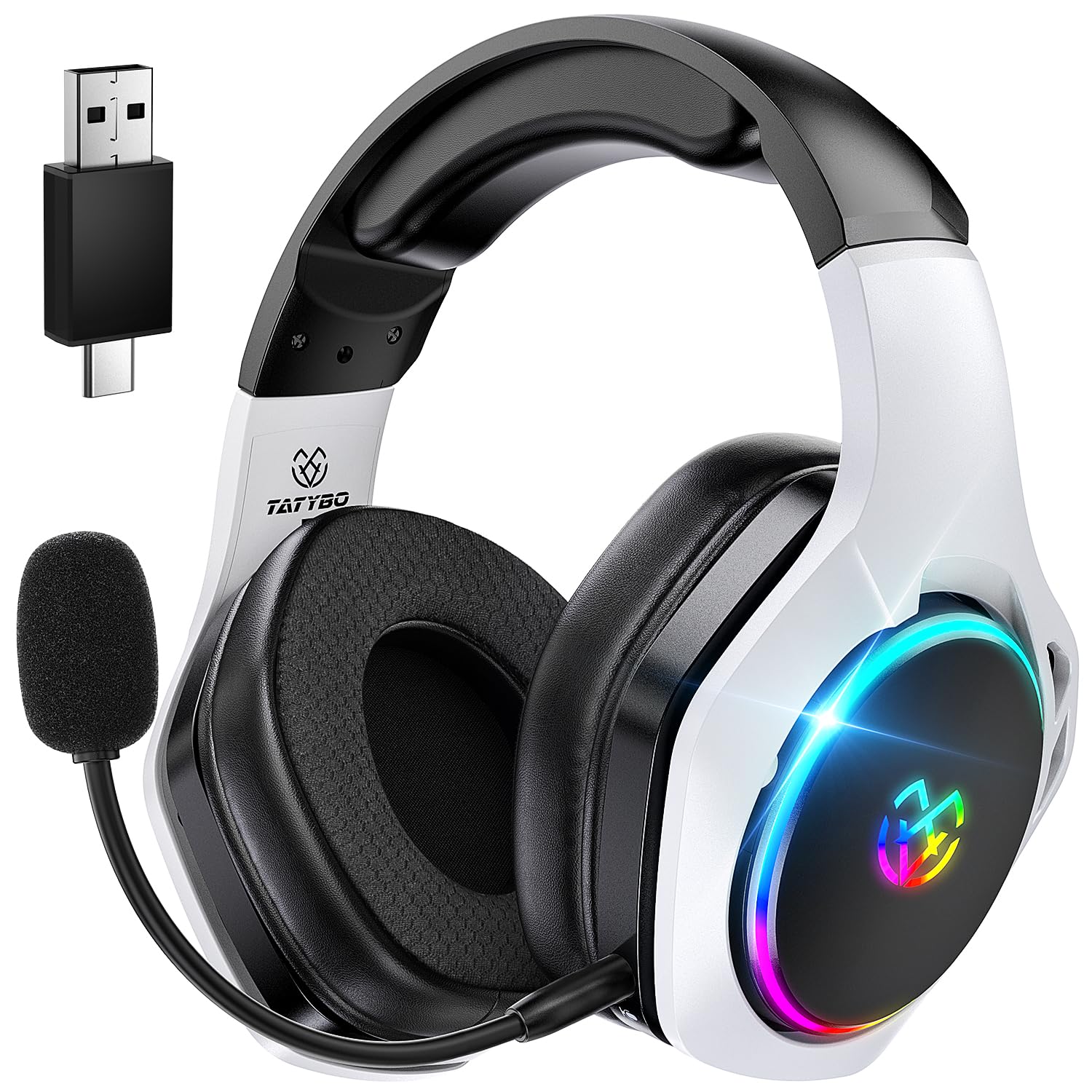 Tatybo Auriculares Gaming Inalámbricos para PC/Ps5/Ps4, Cascos Gaming Inalámbricos con Micro 2.4 GHz+5.3 Bluetooth Modo Dual, 7.1 Sonido Envolvente, Duración 40Hr+