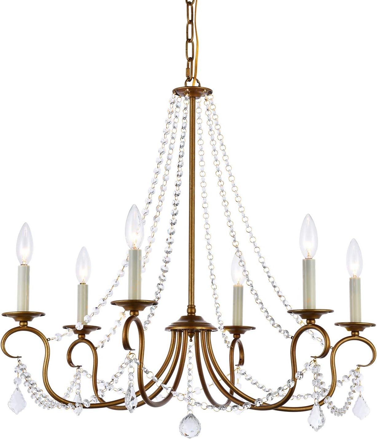 Modern 6 Light Candle Style Chandelier with Crystal Accents, Simple Classic/Traditional Pendant Light, Kitchen Island Ceiling Light Fixtuer for Entryway, Hallway, Dining Room and Foyer (Gold)