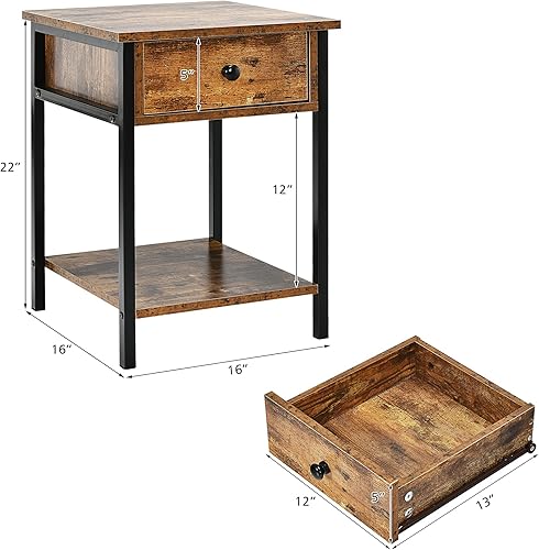 Miniatura 3 de Giantex Juego de 2 mesitas de noche, mesa auxiliar industrial de 2 niveles con cajón de almacenamiento y estante, mesitas de noche con marco de
