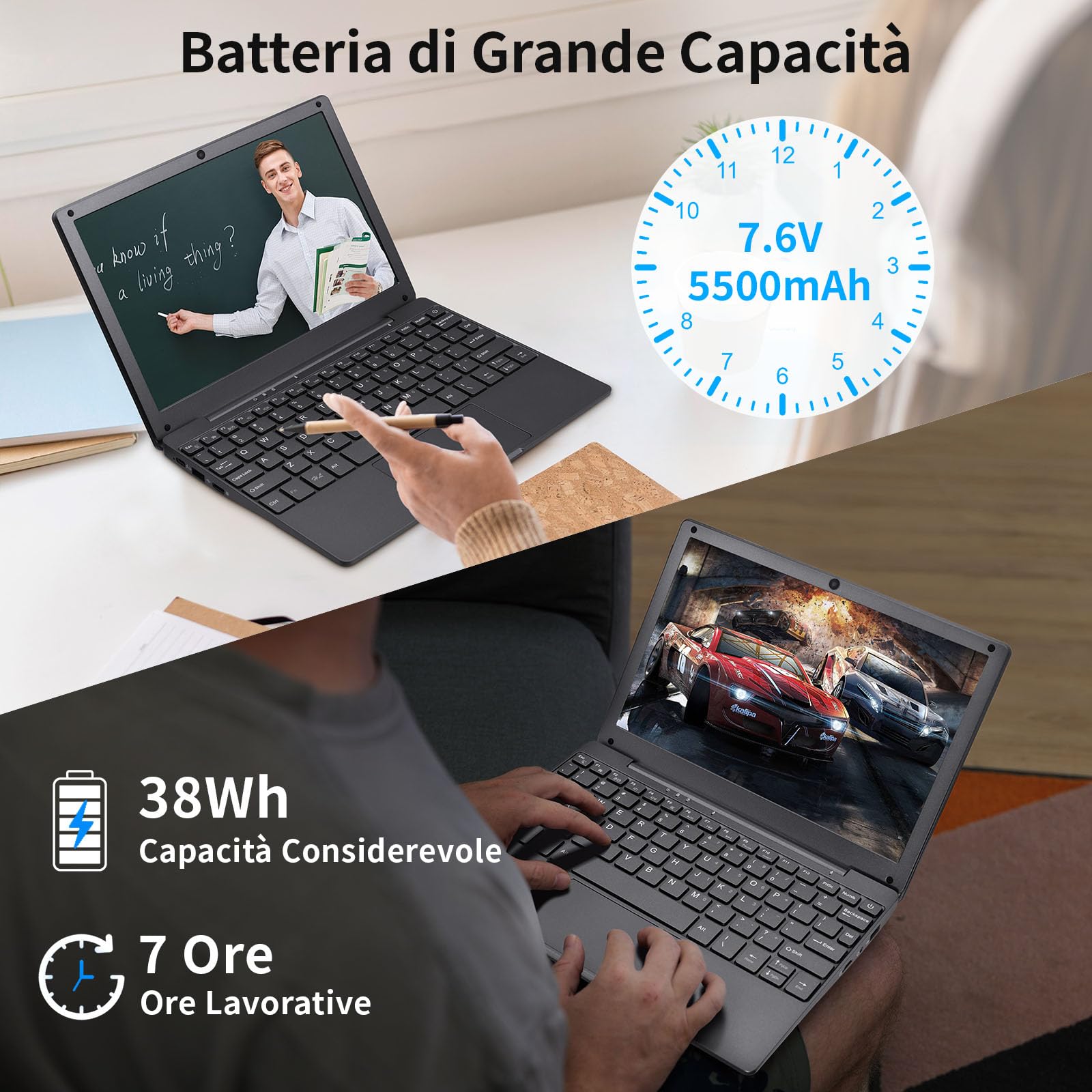 Mini Laptop 10.1 Pollici Ultrasottile 0,79 kg, Netbook Leggero Win11,Layout Tastiera Italiano, Webcam, WiFi5, Bluetooth 5.0, USB 3.0, Type-C, HDMI, Mouse Wireless (Grigio) 8GB DDR4 128GB SSD