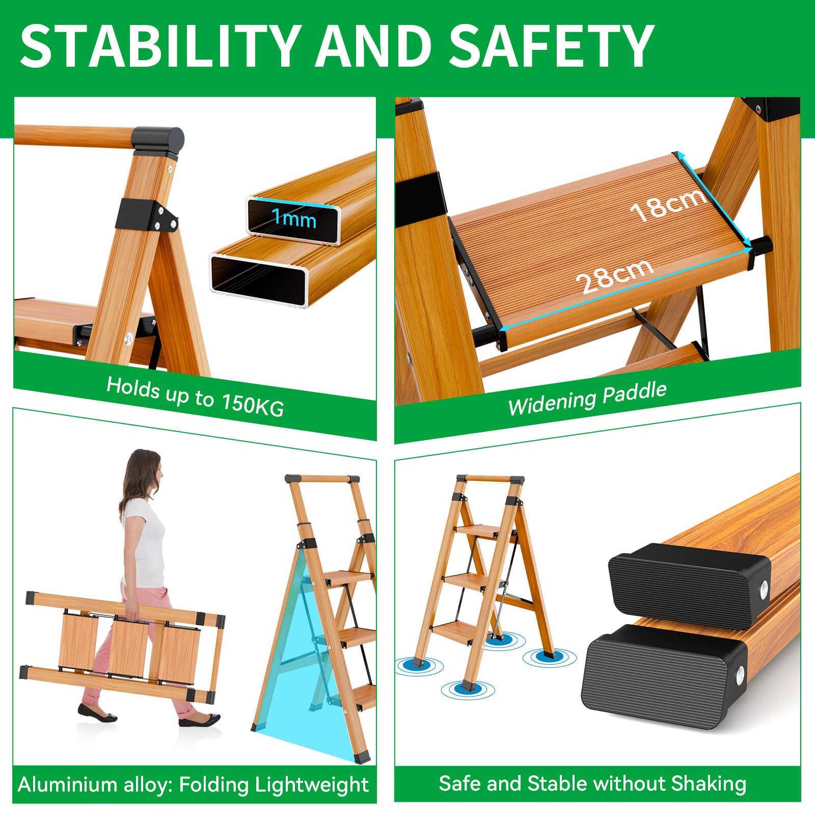 KULACO Scala multifunzione a 3 gradini antiscivolo, venature in legno, alluminio, fino a 150 kg