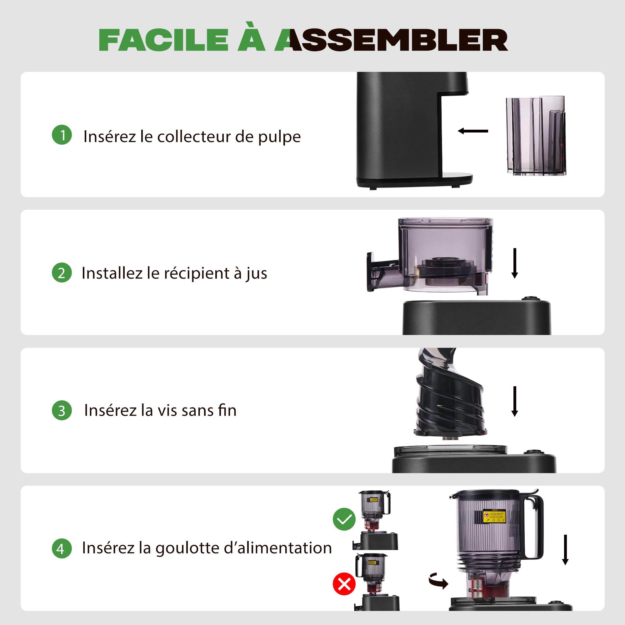 Extracteur de Jus de Fruits et Légumes 14cm 2L Slow Juicer Facile à installer Matte Noir