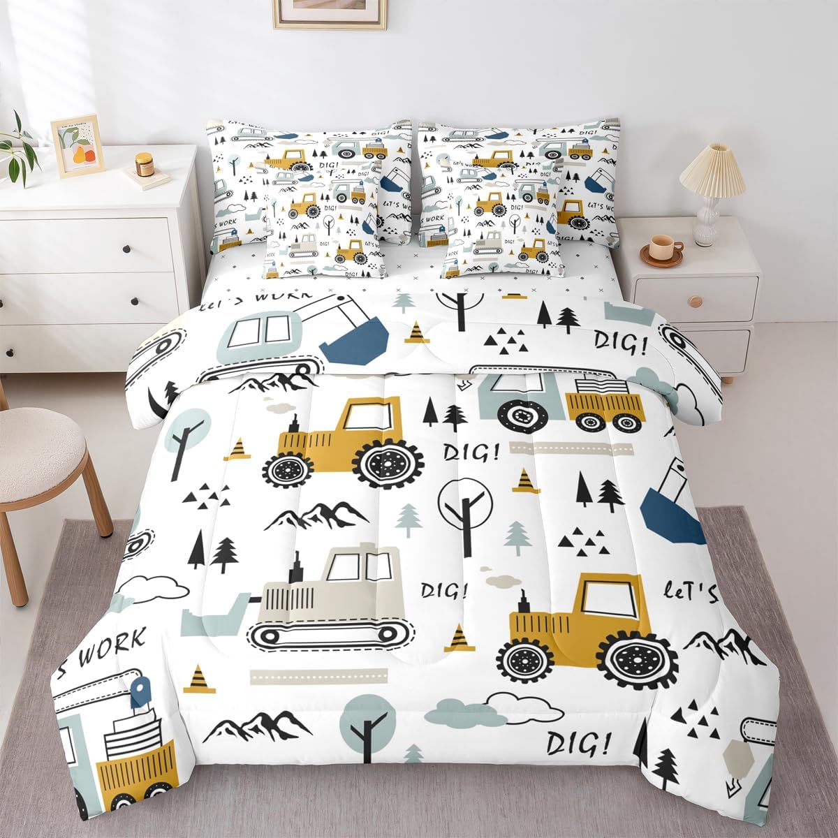 Feelyou Cartoon Car Kids Comforter Set with Sheets 7 Piece Twin Size Construction Bedding Set Boys Decor Equipment Trucks Bed in a Bag Excavator Tractor White Yellow Bed Set Bedroom