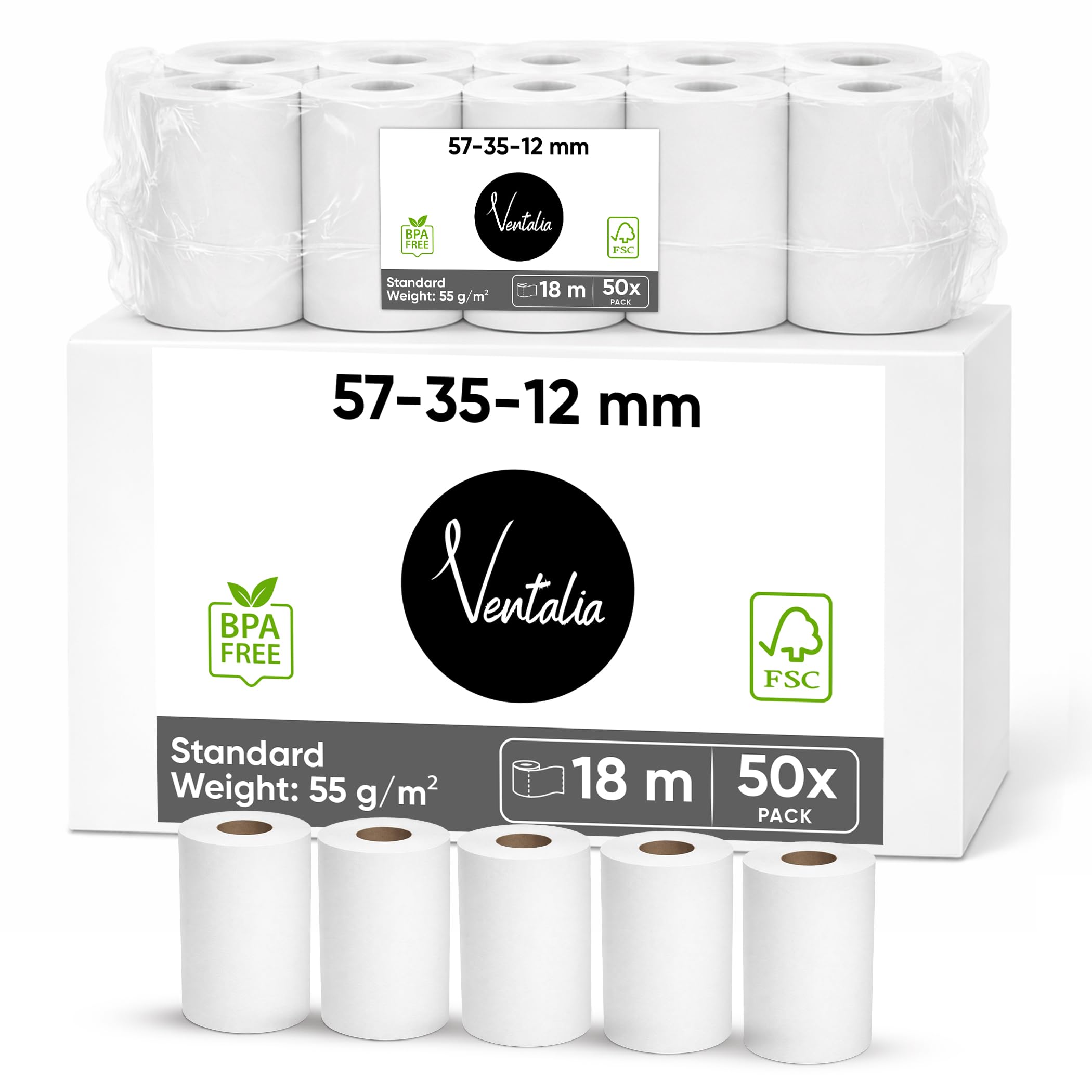 Rouleaux Papier Thermique Sans BPA 57x35x12 mm (18 m) Compatibles Ingenico Verifone SumUp PAX Nexgo myPOS