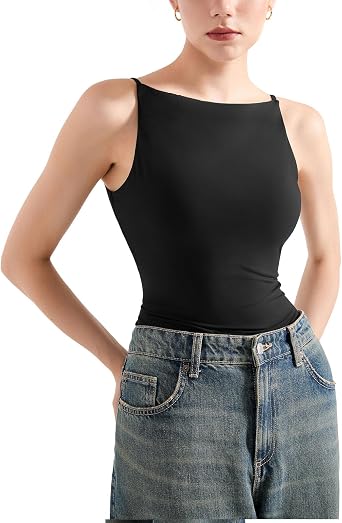 SUUKSESS Women Double Lined Boat Neck Tank Tops Y2K Going Out Cami Shirts